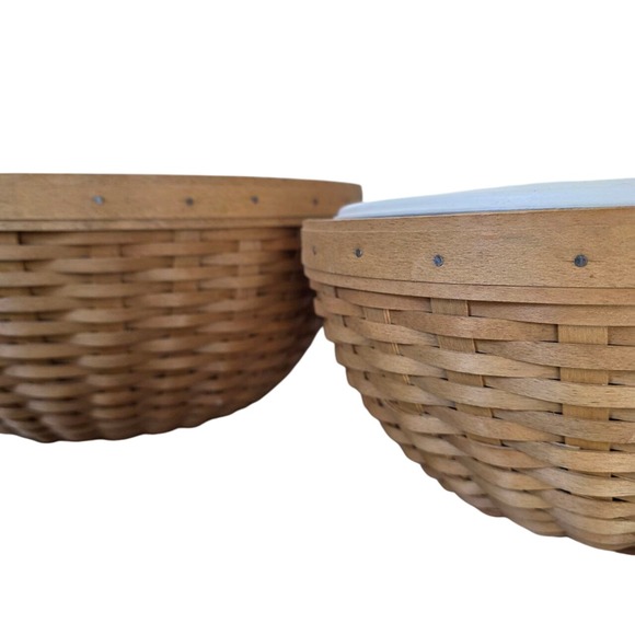 Longaberger Nesting Baskets Set of 2 Round Handwoven 2003 with Lids & Protectors - Picture 2 of 16